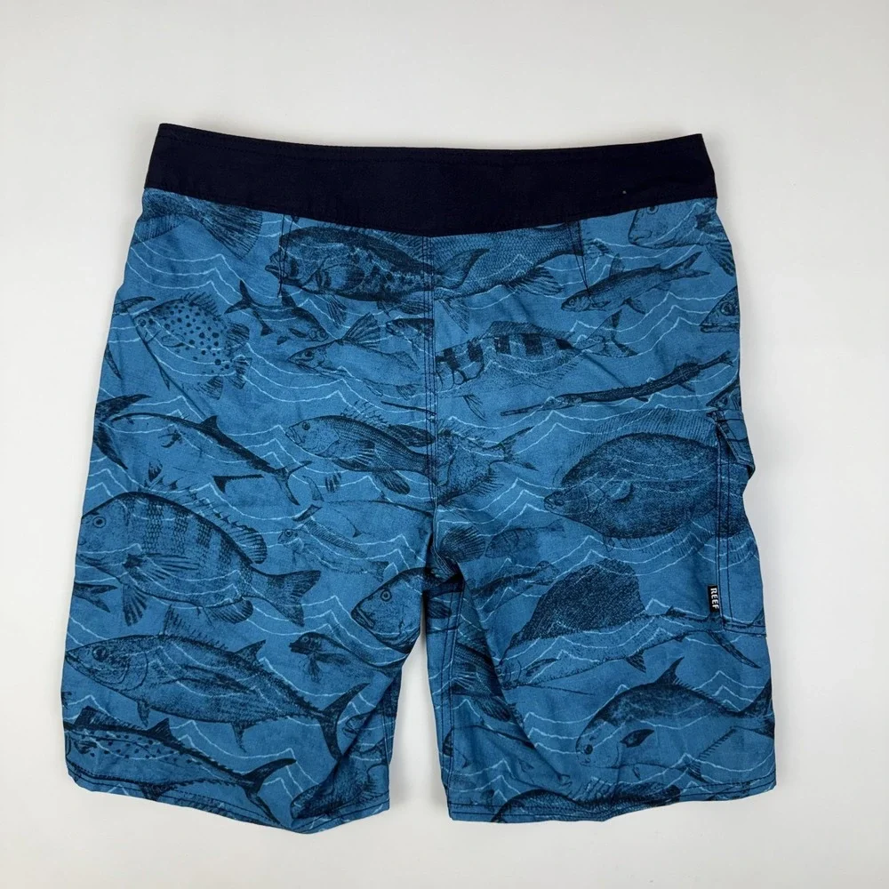 Mens Reef  To Trip On Boardshorts Teal Fish Swim Trunks Size 32 GUC